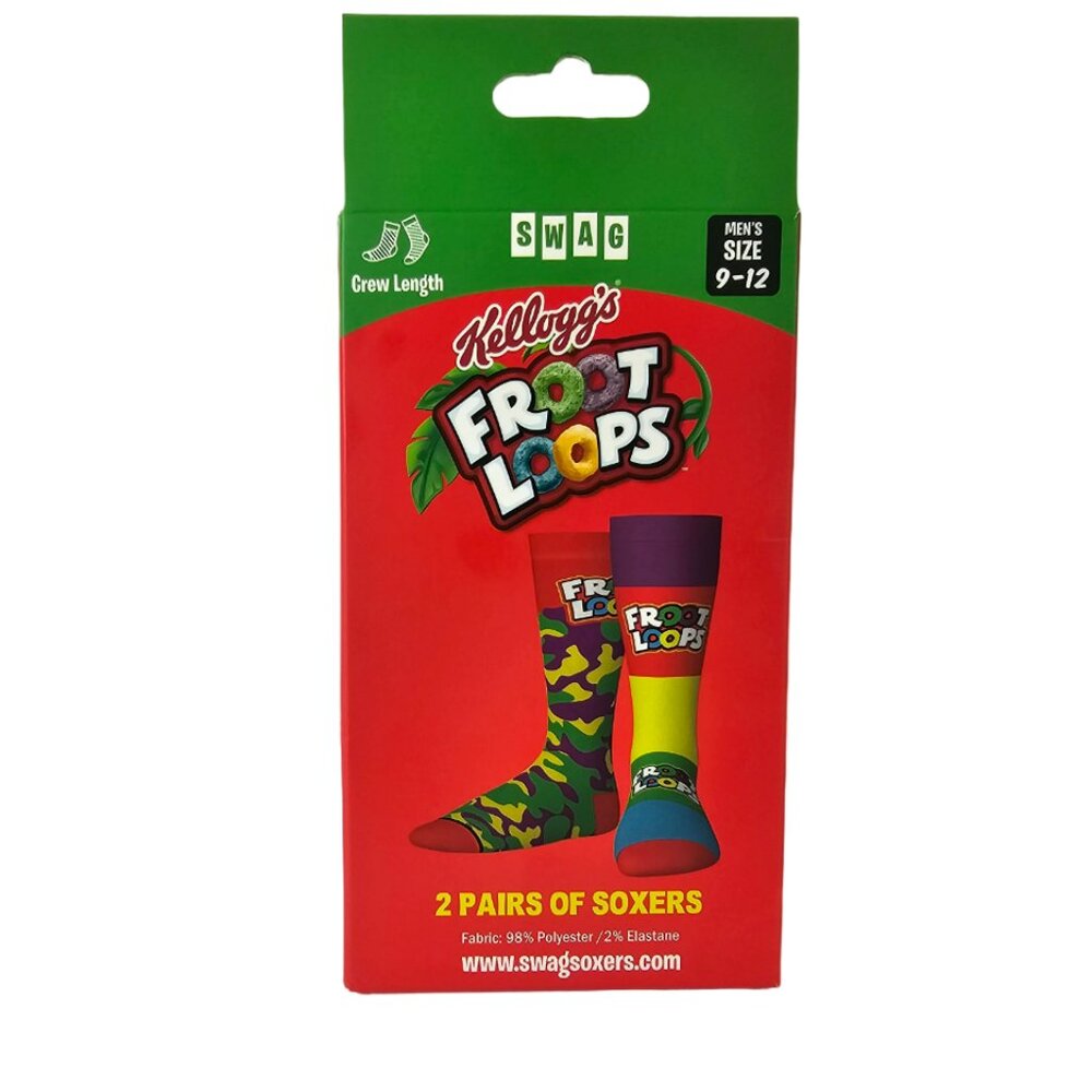 NWT Socks (2 Pairs) Kelloggs Cereal Froot Loops Crew Socks Mens Size 9-12